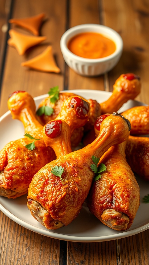 Crispy air fryer chicken drumsticks on a rustic table with dipping sauce.